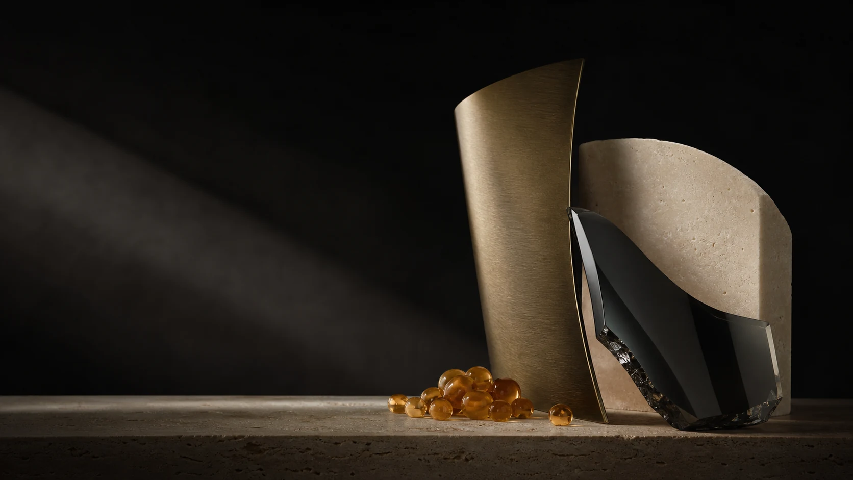 Sculptural study in brass, stone and obsidian